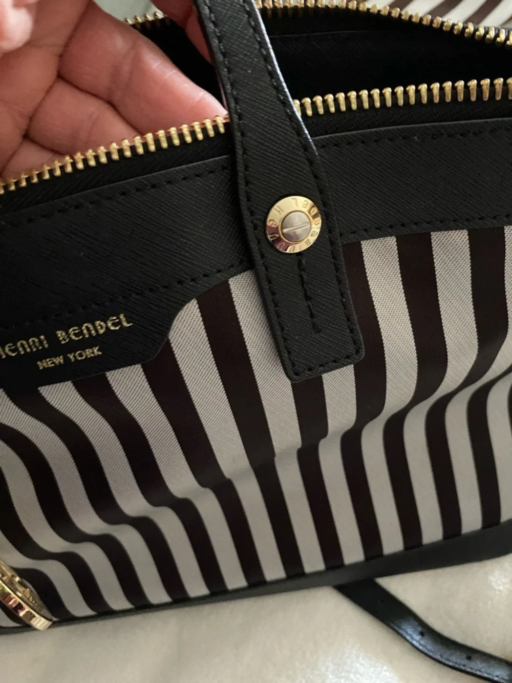 Henri Bendel Black & Cream Striped Satchel with Gold Charm